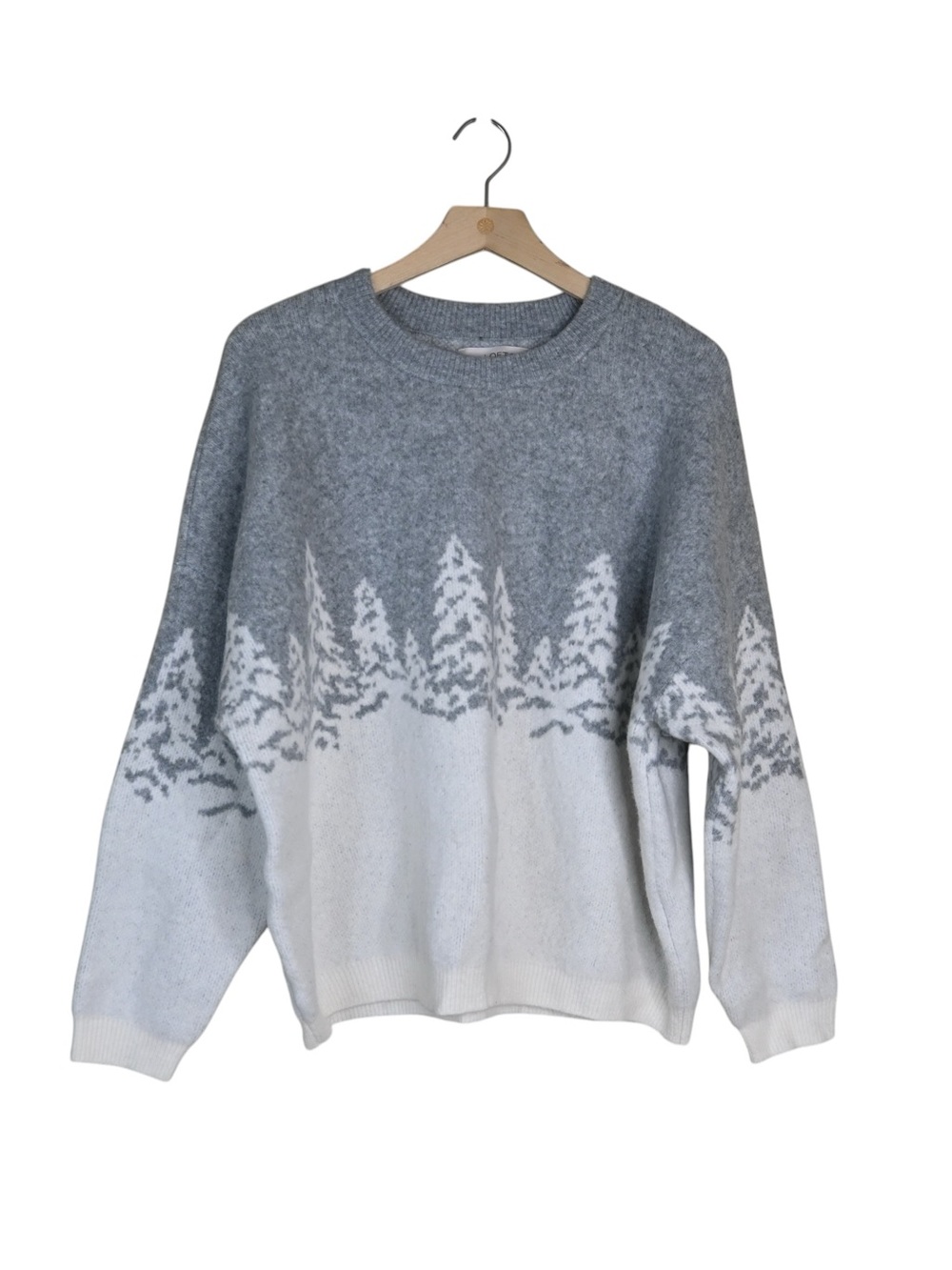 LOFT Women's M Wool Blend Cozy Gray & Cream Winter Tree Pattern Crewneck Sweater